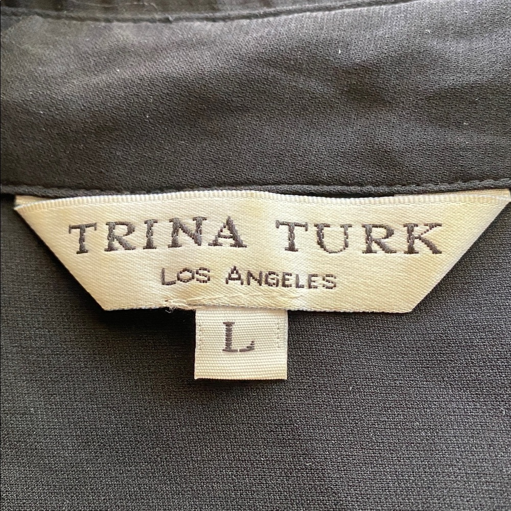 Trina Turk Silk Ruffle Button Up Long Sleeve Blouse Size Large Black - Picture 4 of 5